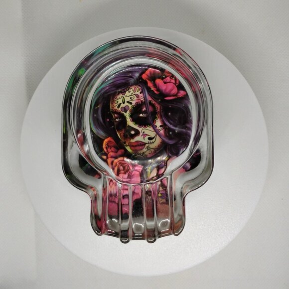 Sugar Skull Dia De Los Muertos Glass Ash Tray - Picture 2 of 2